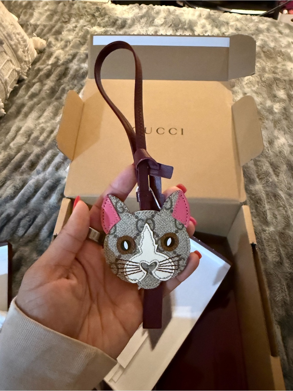 Gucci Cat Face Leather Luggage Tag in Brown, Pink and Beige